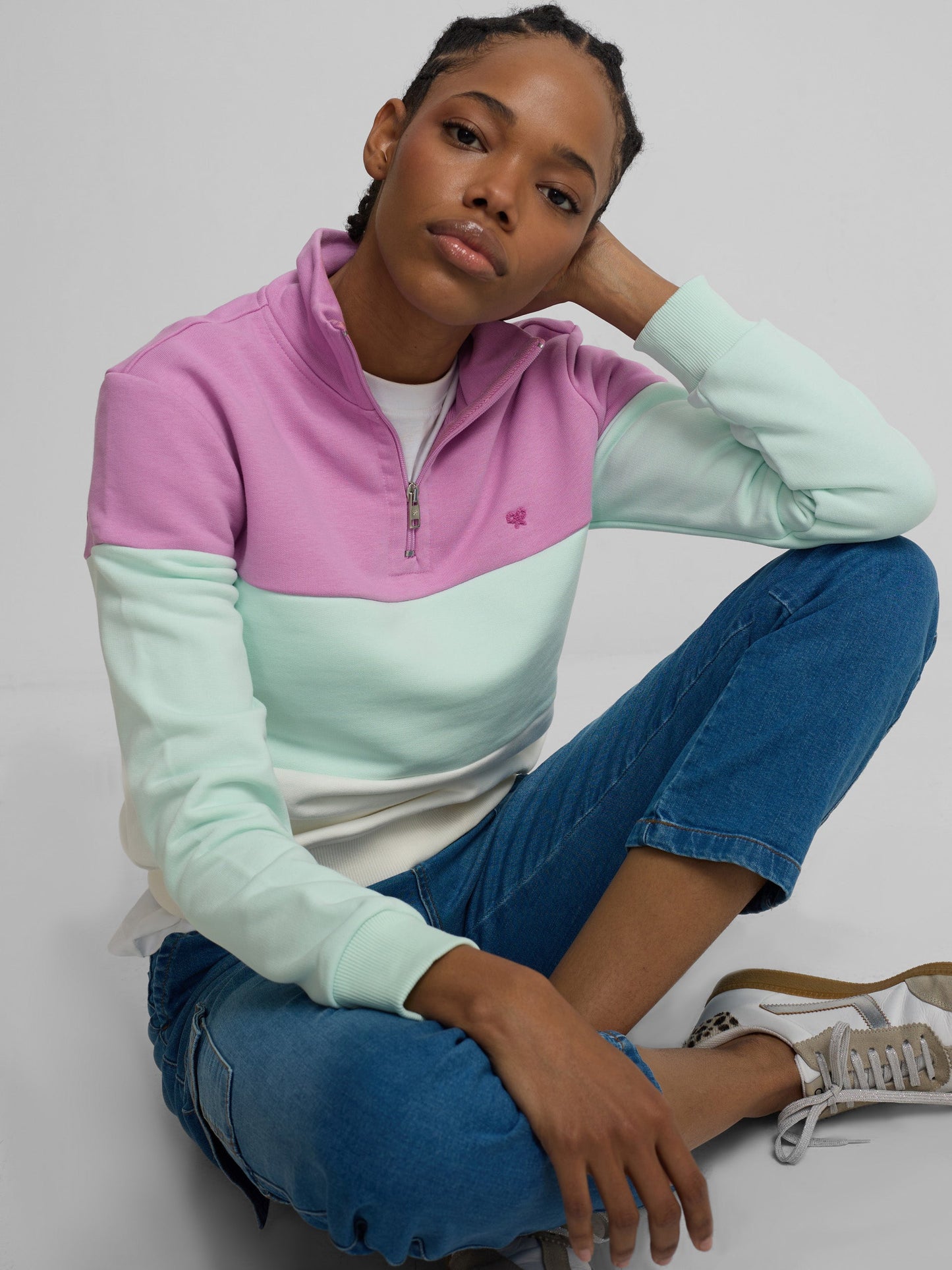 Sudadera woman tricolor morado y verde