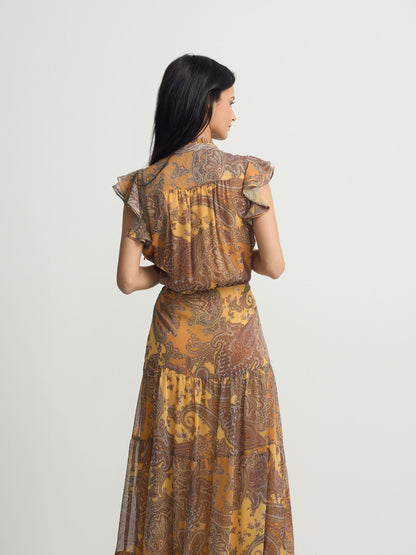 Vestido midi vuelo estampado naranjas