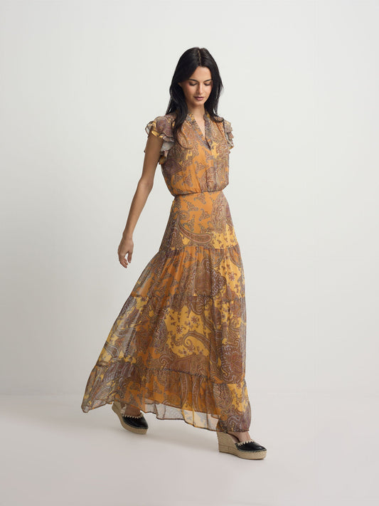 Vestido midi vuelo estampado naranjas