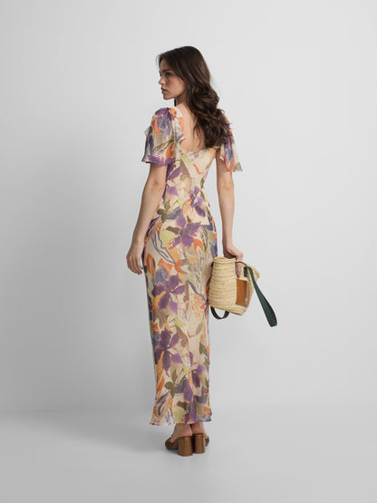 Vestido largo estampado flores moradas y naranjas