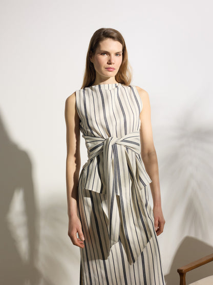 Top unique nudo rayas azul y beige