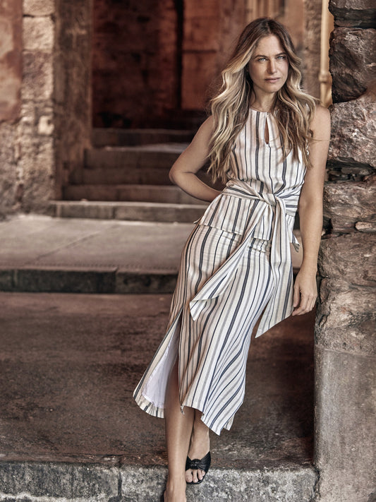 Falda midi unique rayas azul y beige