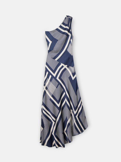 Vestido midi unique asimetrico estampado azul