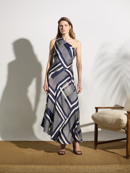 Vestido midi unique asimetrico estampado azul
