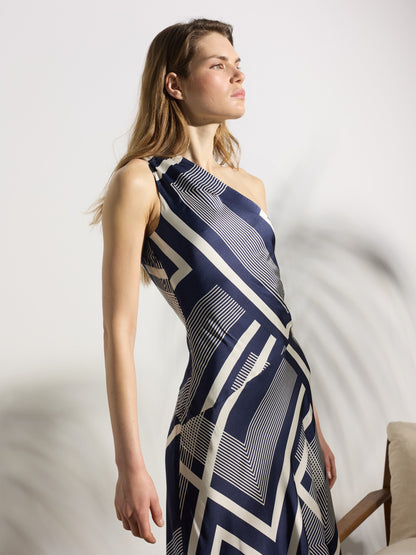 Vestido midi unique asimetrico estampado azul