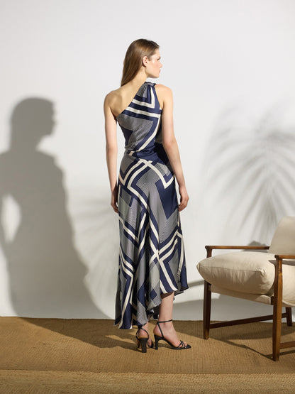 Vestido midi unique asimetrico estampado azul