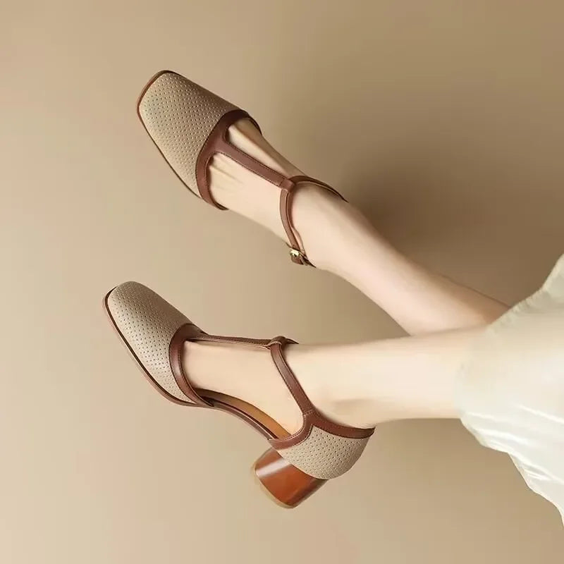Genira - Zapatos de mujer con tira en T y tacón medio