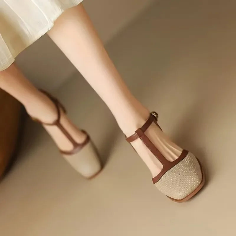 Genira - Zapatos de mujer con tira en T y tacón medio