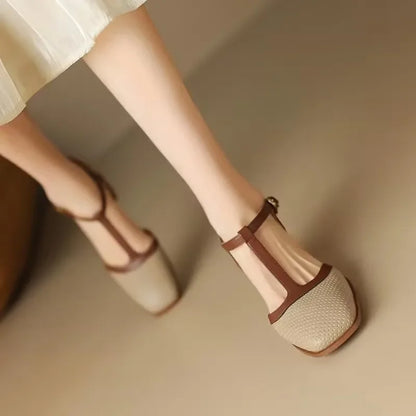 Genira - Zapatos de mujer con tira en T y tacón medio