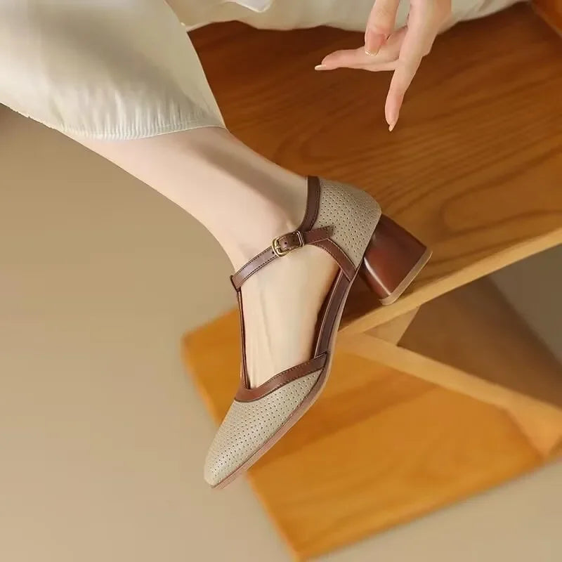 Genira - Zapatos de mujer con tira en T y tacón medio