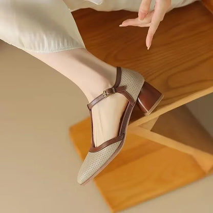 Genira - Zapatos de mujer con tira en T y tacón medio