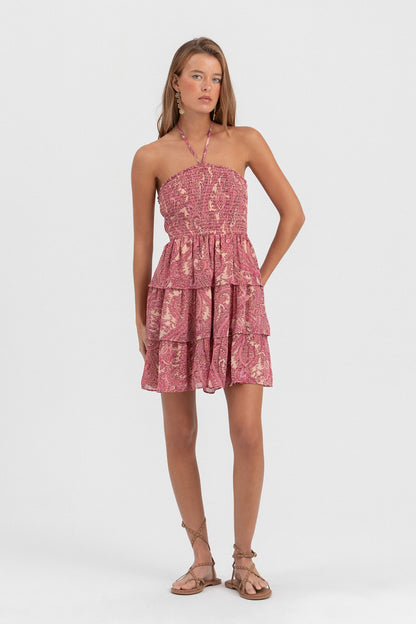 VESTIDO MINI ESTAMPADO VOLANTES