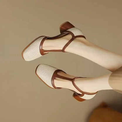 Genira - Zapatos de mujer con tira en T y tacón medio