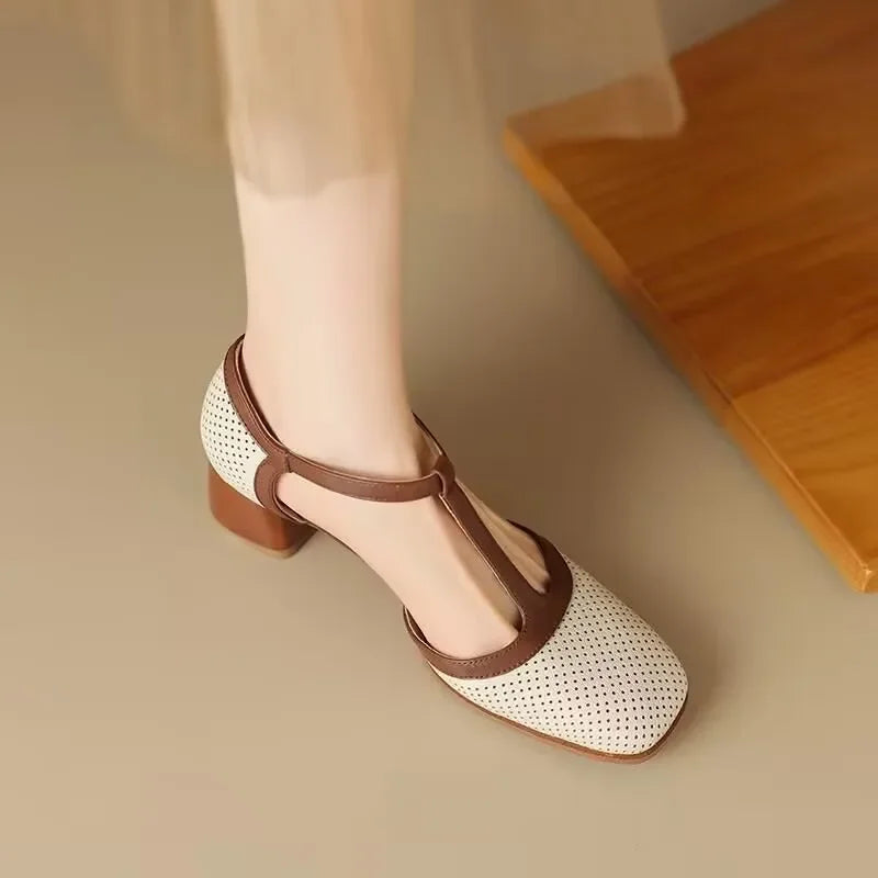 Genira - Zapatos de mujer con tira en T y tacón medio