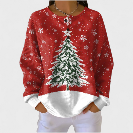 Sofia - Suéter Rojo con Estampado de Árbol de Navidad