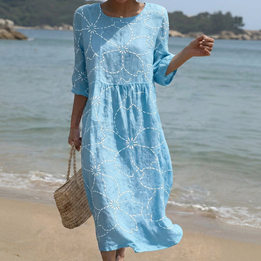 Joana - Vestido Maxi de Cuello Redondo con Bordado