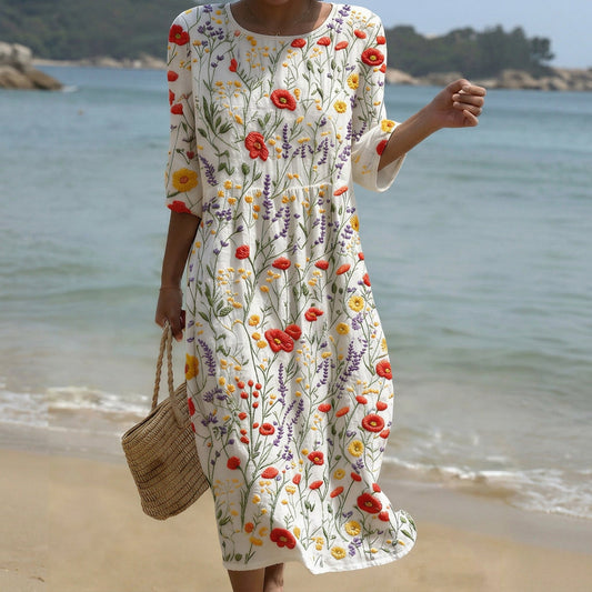 Cristina - Vestido Maxi de Cuello Redondo con Bordado Floral