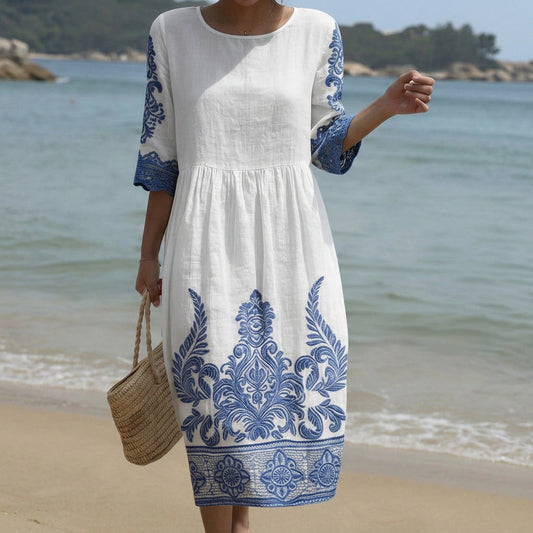 Blanca - Vestido Maxi de Cuello Redondo con Bordado
