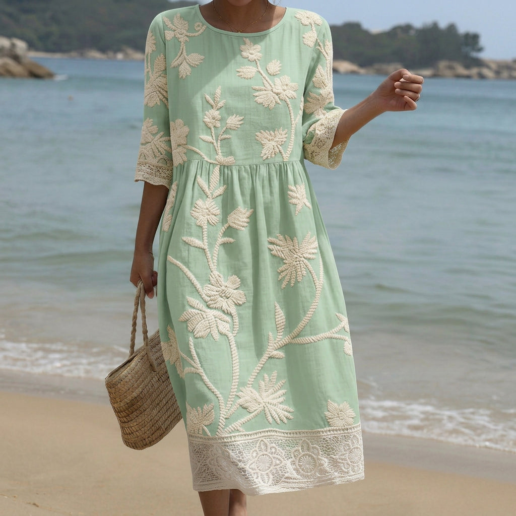 Patricia - Vestido Midi con Bordado de Plantas y Flores