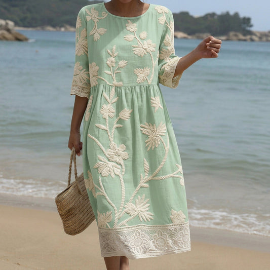 Patricia - Vestido Midi con Bordado de Plantas y Flores