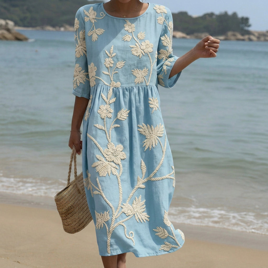 Catarina - Vestido Midi con Bordado de Plantas y Flores