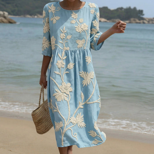 Catarina - Vestido Midi con Bordado de Plantas y Flores