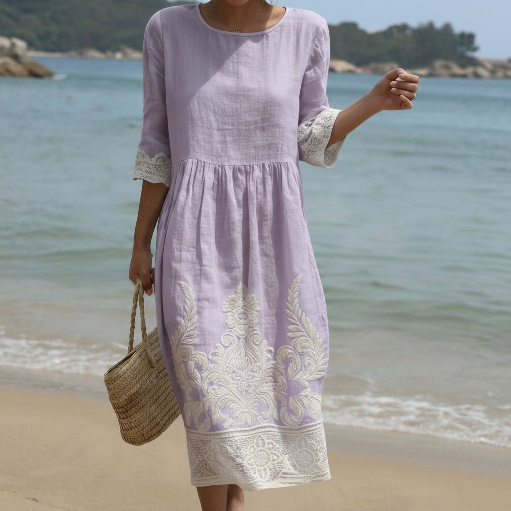 Carla - Vestido Maxi de Cuello Redondo con Bordado