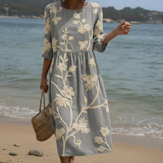 Ana - Vestido Midi con Bordado de Plantas y Flores