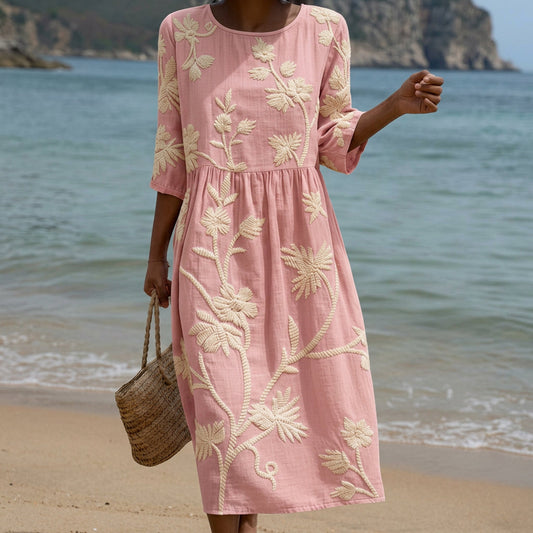 Paula - Vestido Midi con Bordado de Plantas y Flores
