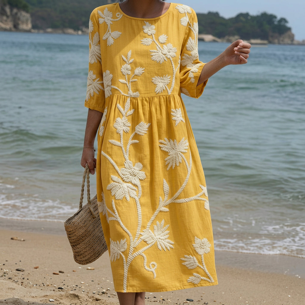 Lara - Vestido Midi con Bordado de Plantas y Flores
