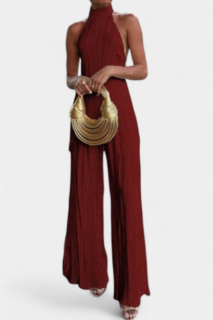 Pilarica Conjunto Elegante Plisado de Top Asimétrico y Pantalón Fluido