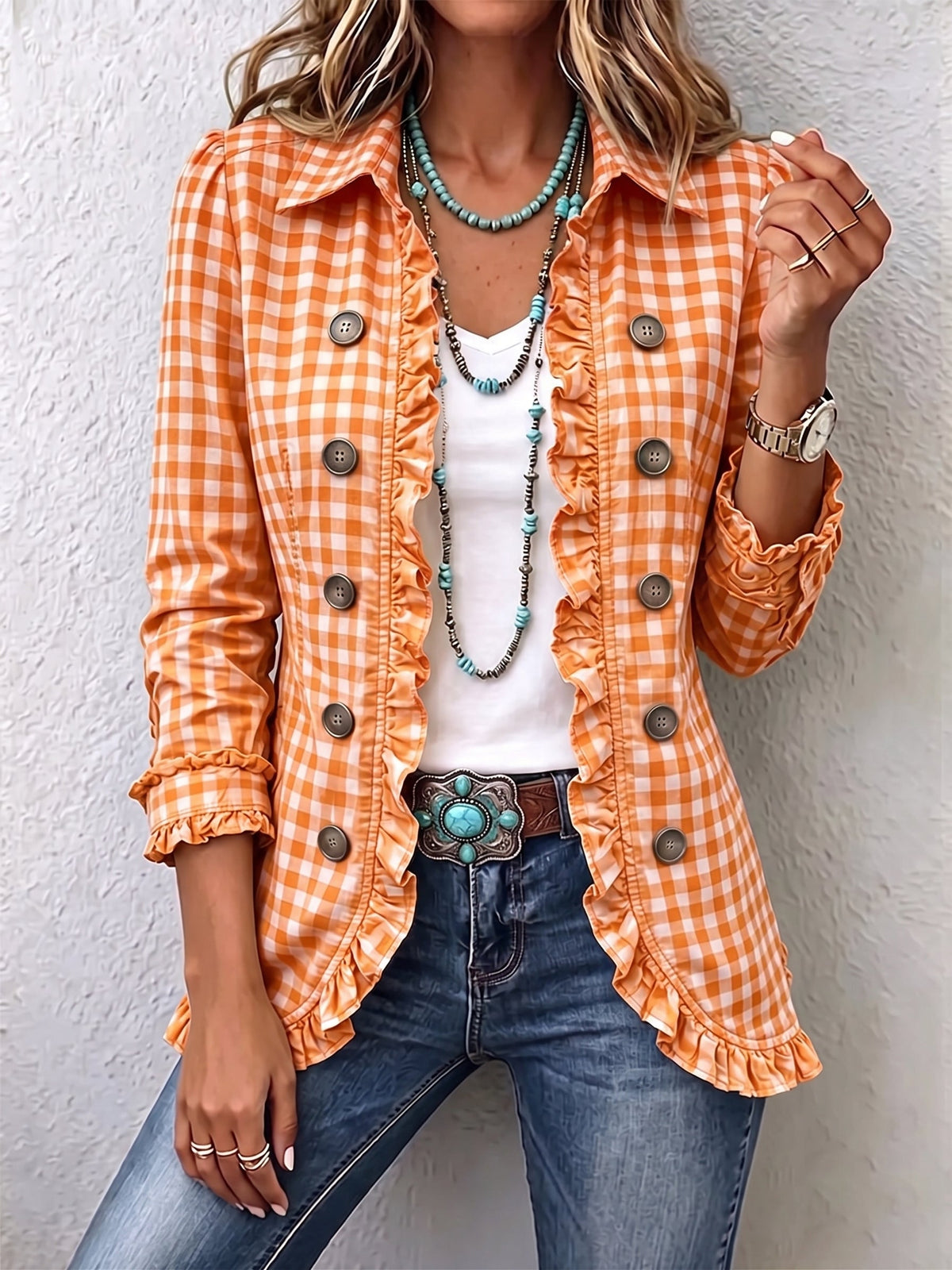 Evelyn | Chaqueta de Gingham con Botones y Volantes