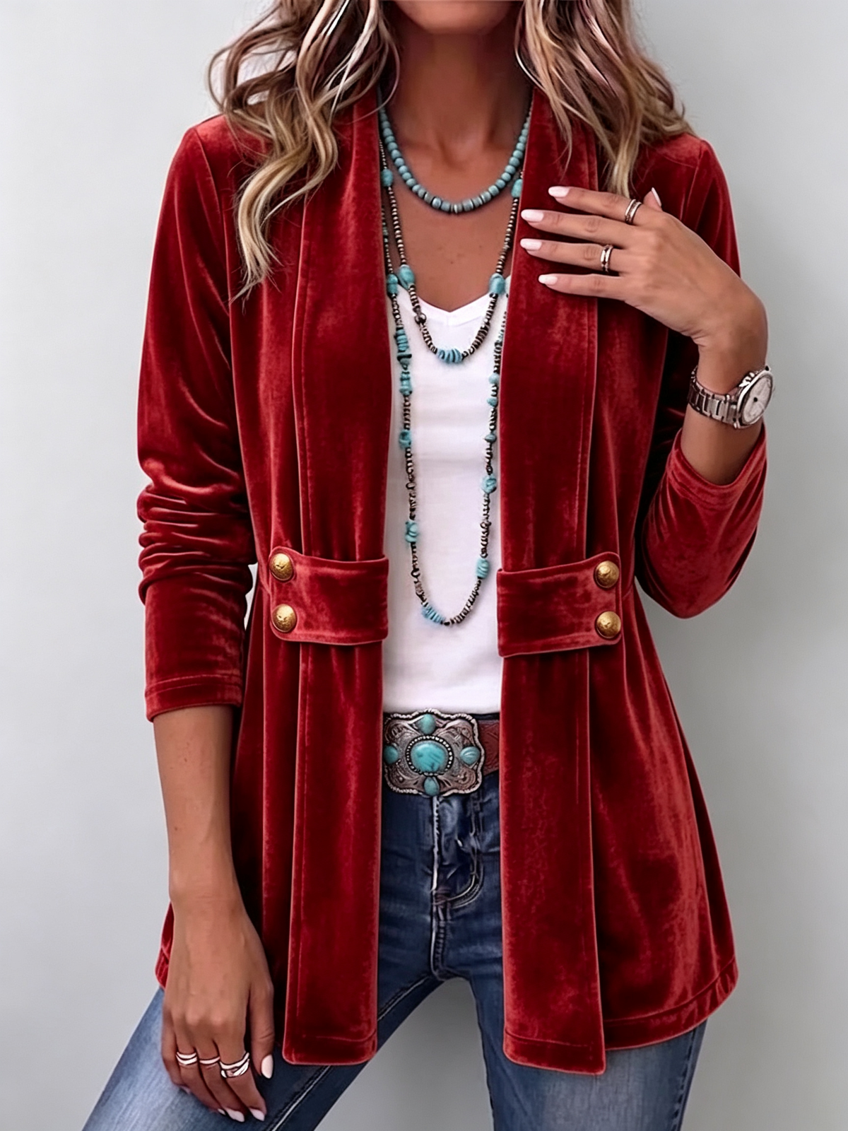 Avery | Chaqueta de Manga Larga Abierta con Detalle de Botón Vintage