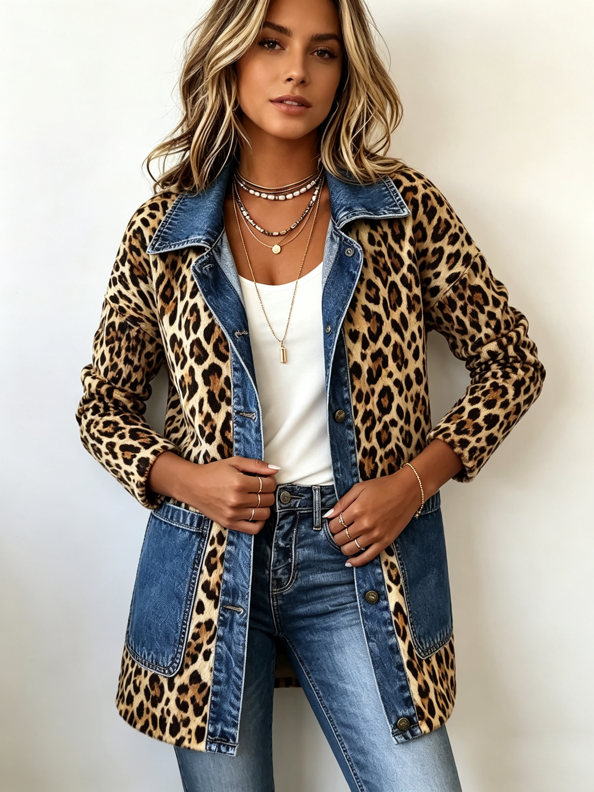 Nora | Chaqueta Larga de Mezclilla con Estampado de Leopardo