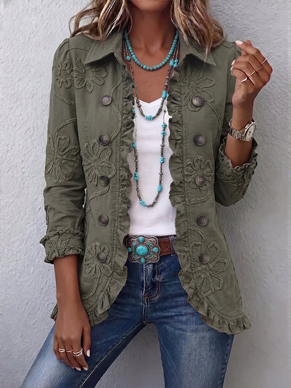 Olivia | Chaqueta Utilitaria Boho-Chic con Bordado Floral y Detalles con Volantes