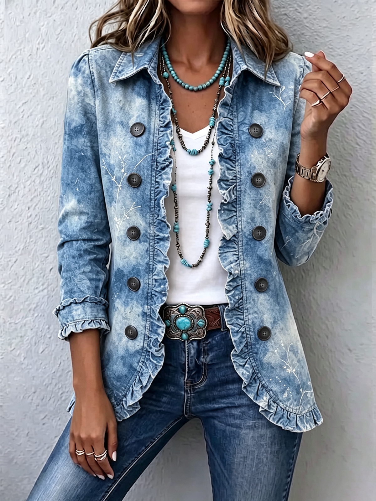 Sofía | Chaqueta Boho Vintage con Estampado Botánico en Degradado y Detalles con Volantes