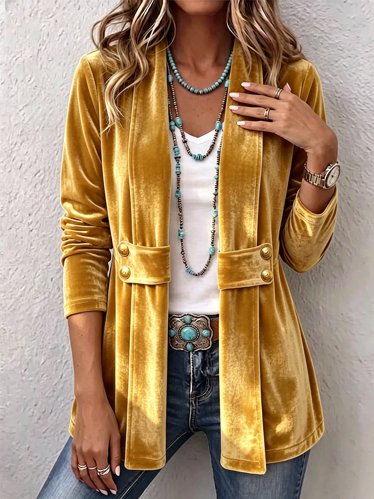 Avery | Chaqueta de Manga Larga Abierta con Detalle de Botón Vintage
