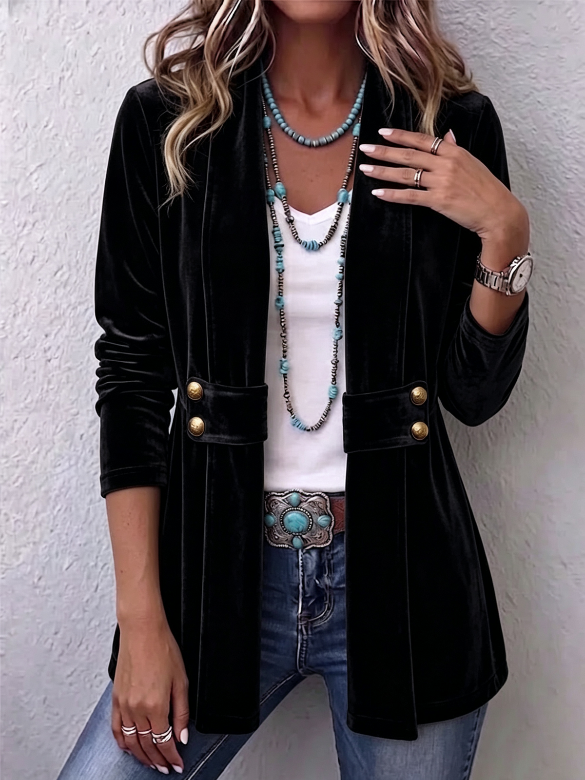 Avery | Chaqueta de Manga Larga Abierta con Detalle de Botón Vintage