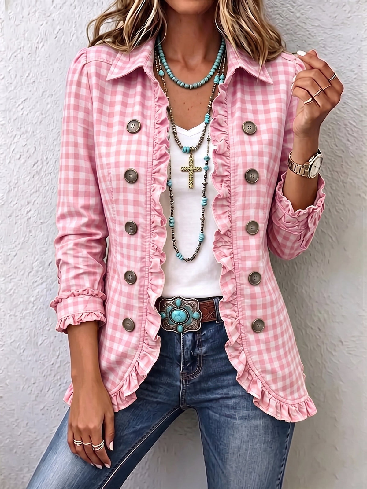 Evelyn | Chaqueta de Gingham con Botones y Volantes