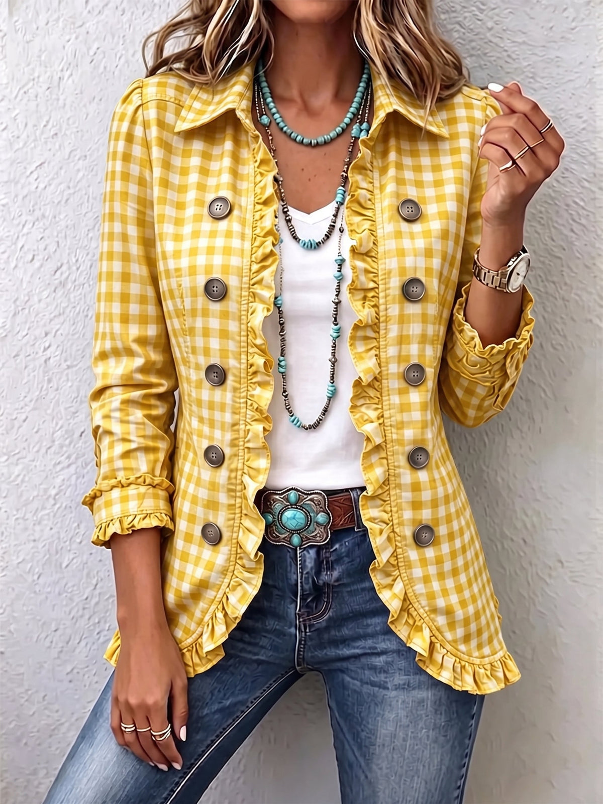 Evelyn | Chaqueta de Gingham con Botones y Volantes