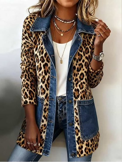Nora | Chaqueta Larga de Mezclilla con Estampado de Leopardo