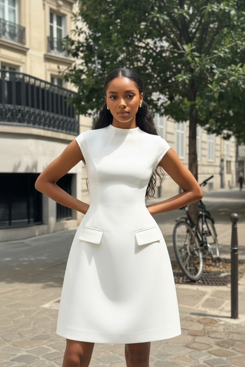 Vestido branco elegante com modelo de pele castanha na cidade