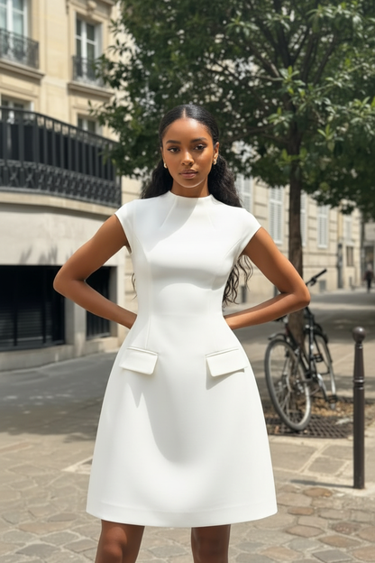 Vestido branco elegante com modelo de pele castanha na cidade