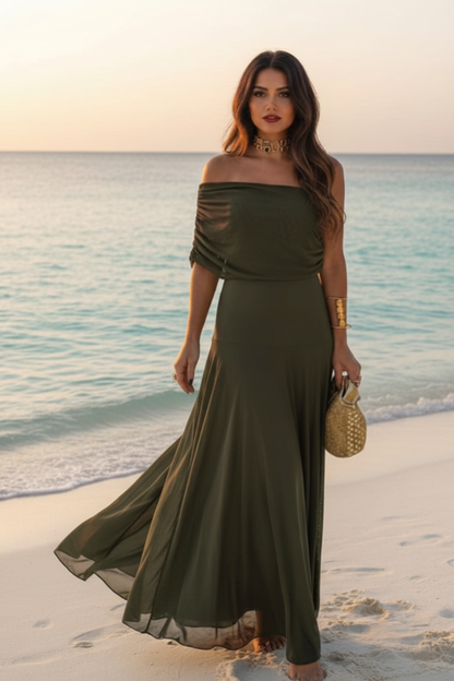 Vestido Maxi Off-Shoulder Verde Olive