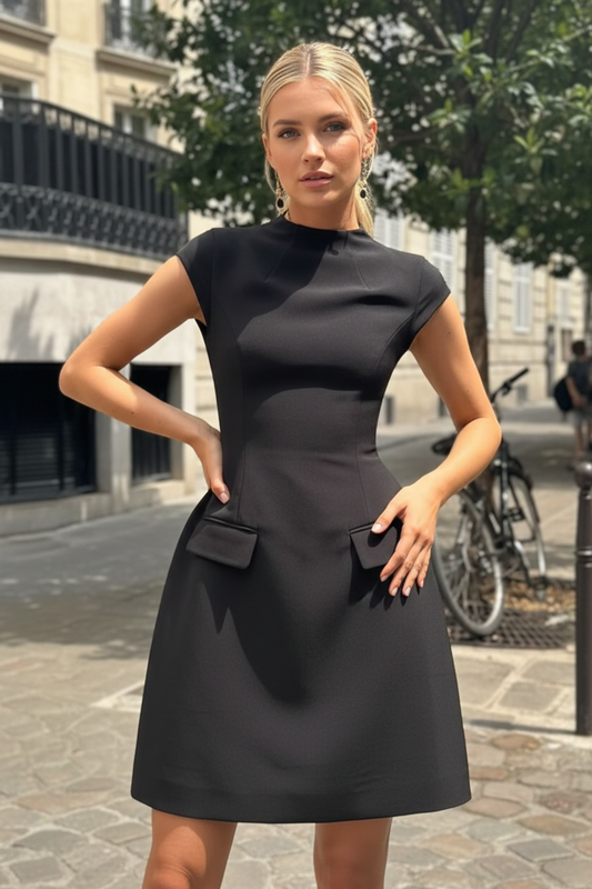 Vestido preto elegante com modelo loira na cidade